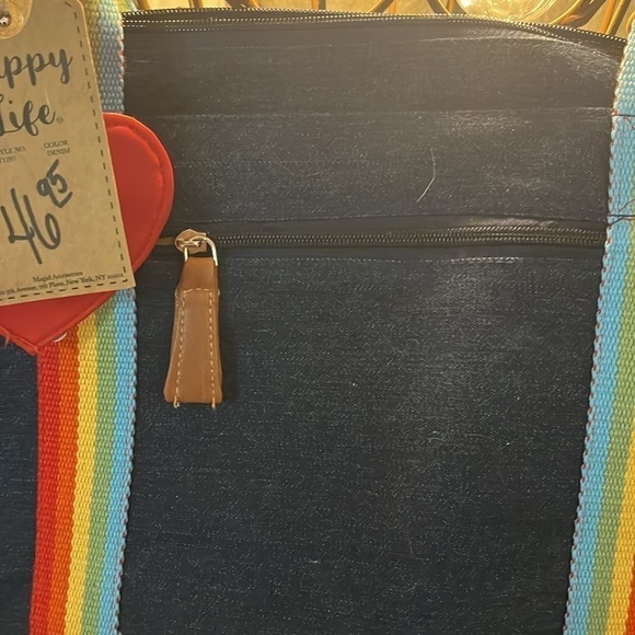 Net denim rainbow tote with attached purse 2 pockets zips closed - Picture 8 of 10